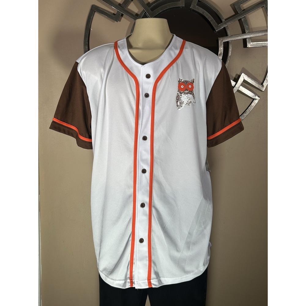 Hooters Makes You Happy Polyester White Brown Short Sleeve Button-Up‎ Jersey XL